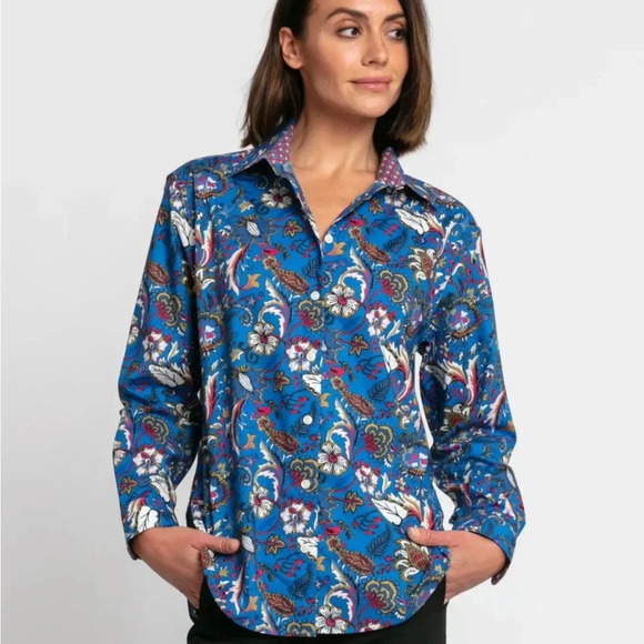 Hinson Wu Zoey Button Down Printed Shirt Blue Red Collared Dress Blouse: Small - Picture 1 of 13